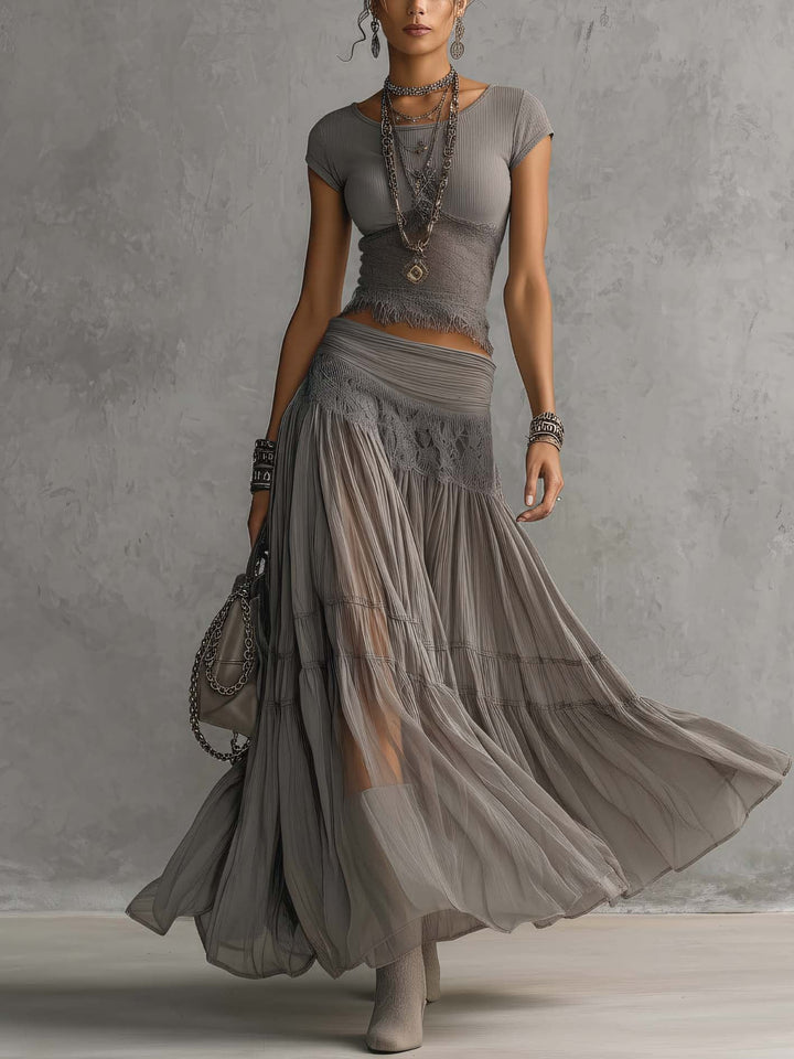 Elena Lace | Paneled Top and Pleated Maxi Skirt Set