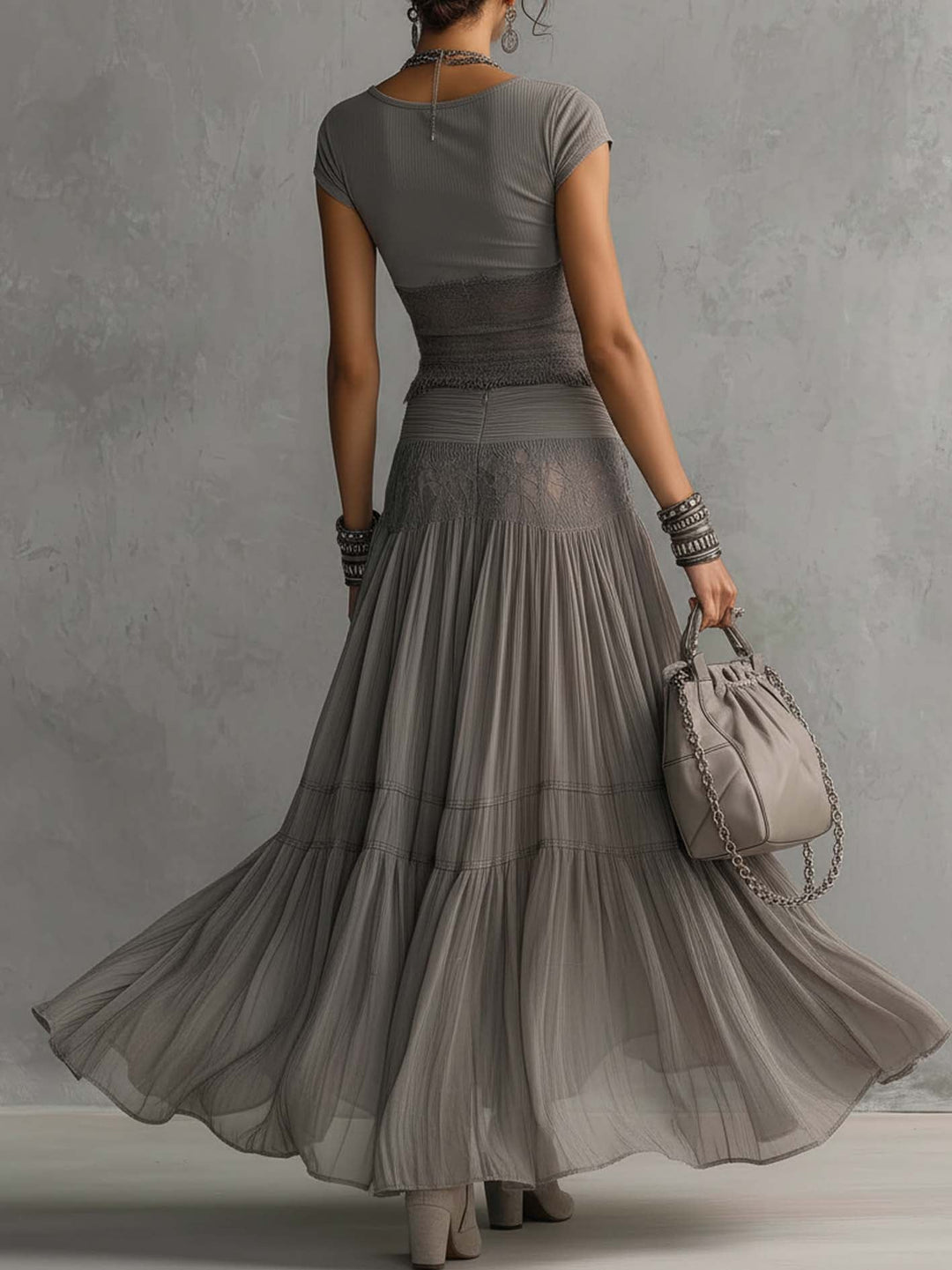 Elena Lace | Paneled Top and Pleated Maxi Skirt Set