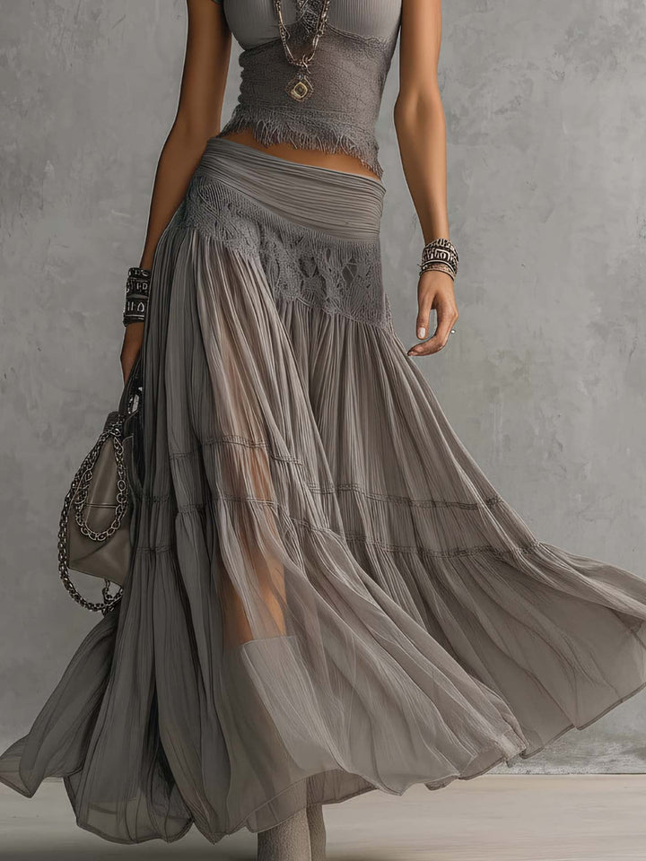 Elena Lace | Paneled Top and Pleated Maxi Skirt Set