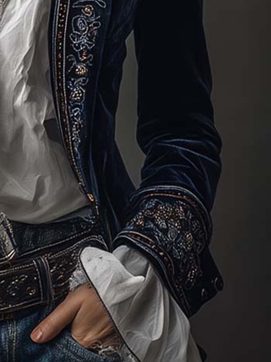 Federica - Embroidered Long Jacket in Vintage Navy Polyester Velvet