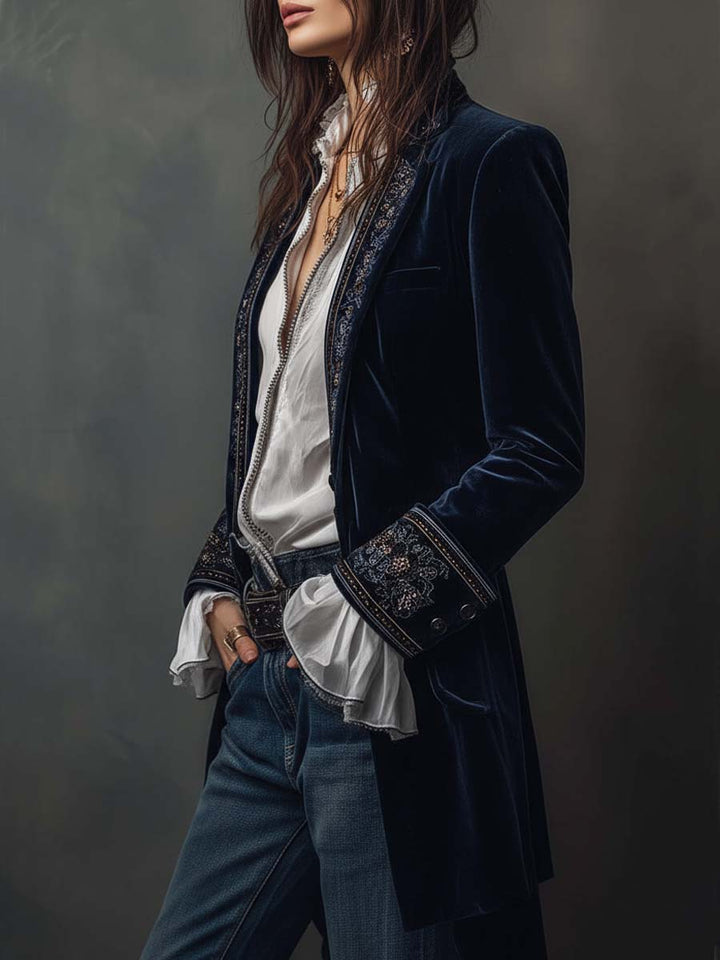 Federica - Embroidered Long Jacket in Vintage Navy Polyester Velvet