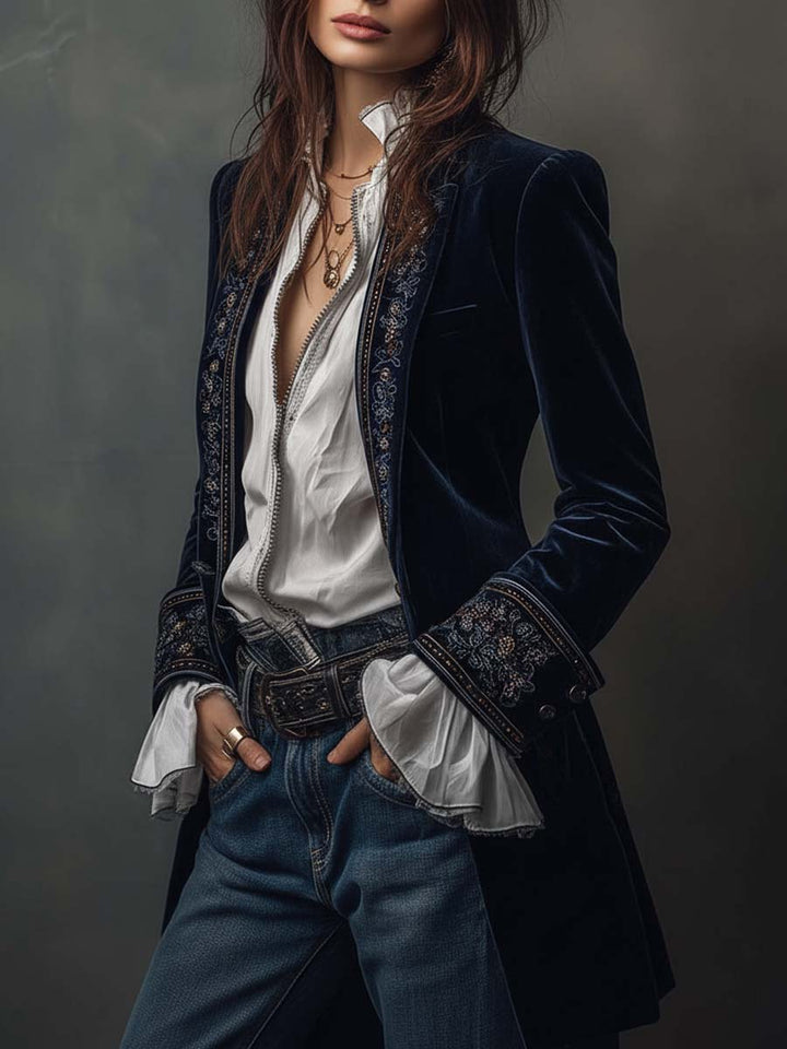 Federica - Embroidered Long Jacket in Vintage Navy Polyester Velvet