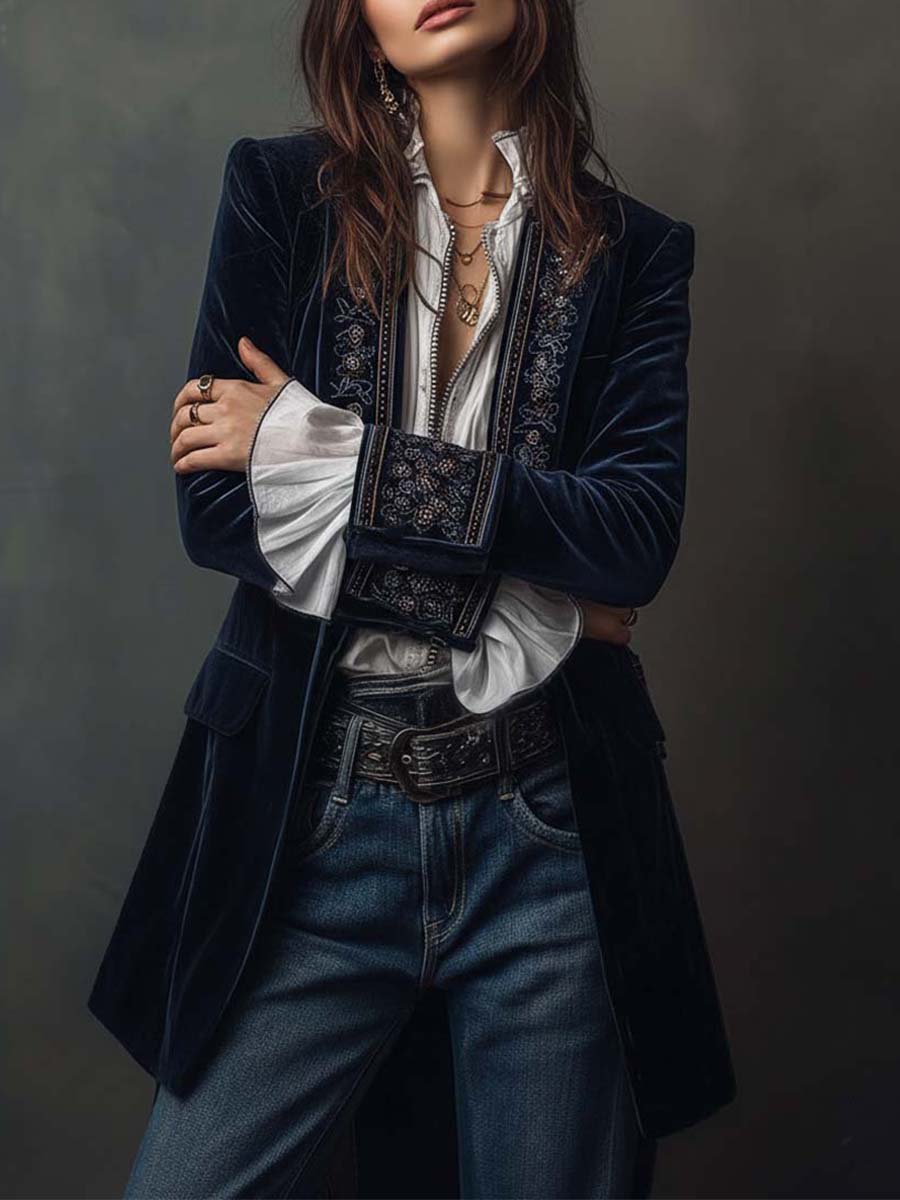 Federica - Embroidered Long Jacket in Vintage Navy Polyester Velvet
