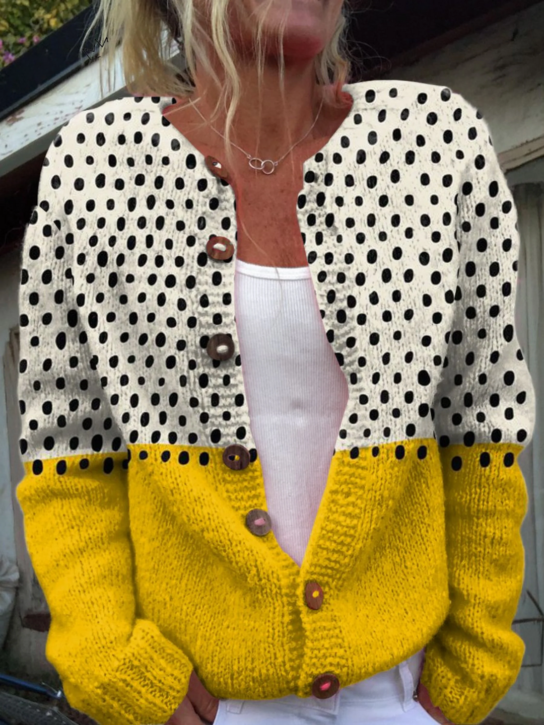 Junella | Two-Tone Polka Dot Handmade Knit Cardigan