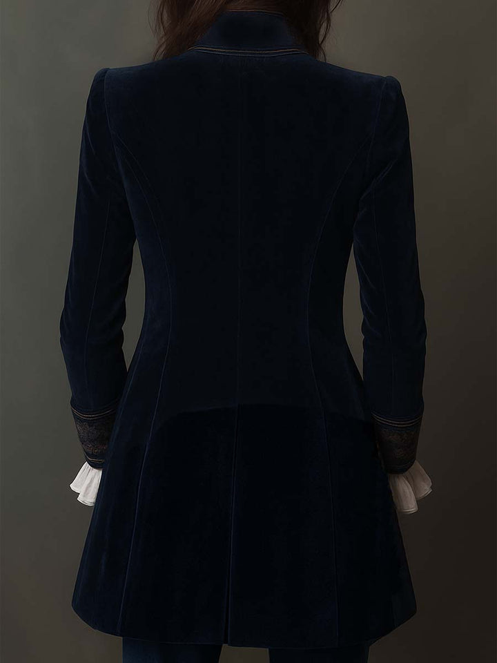 Federica - Embroidered Long Jacket in Vintage Navy Polyester Velvet