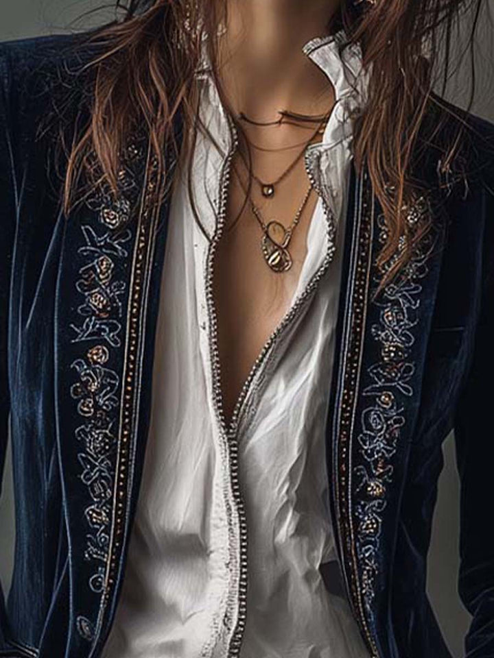 Federica - Embroidered Long Jacket in Vintage Navy Polyester Velvet