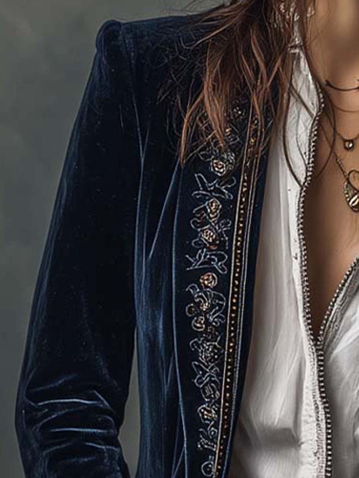 Federica - Embroidered Long Jacket in Vintage Navy Polyester Velvet