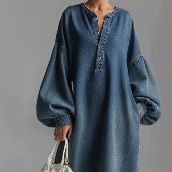 Elegant Urban-style Denim Balloon Sleeve Maxi Dress
