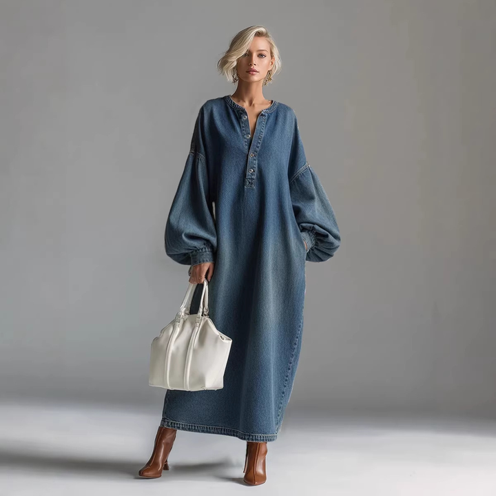Elegant Urban-style Denim Balloon Sleeve Maxi Dress