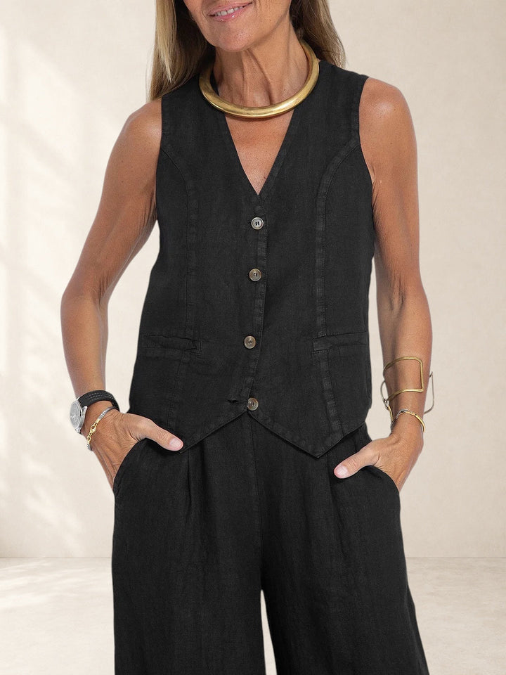 Aira - Buttoned Vest & Wide-Leg Trousers Set
