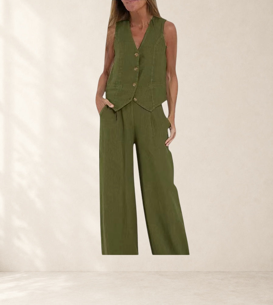 Aira - Buttoned Vest & Wide-Leg Trousers Set