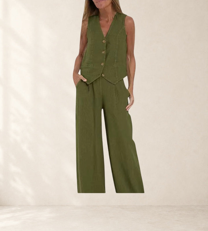 Aira - Buttoned Vest & Wide-Leg Trousers Set