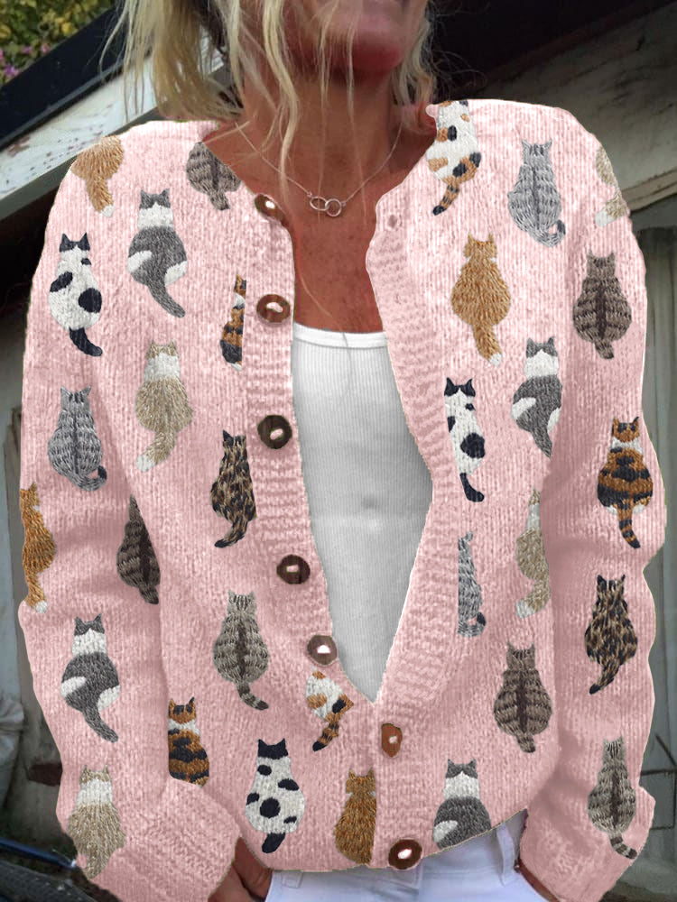 Clementine | Kitten Print Handmade Knit Cardigan