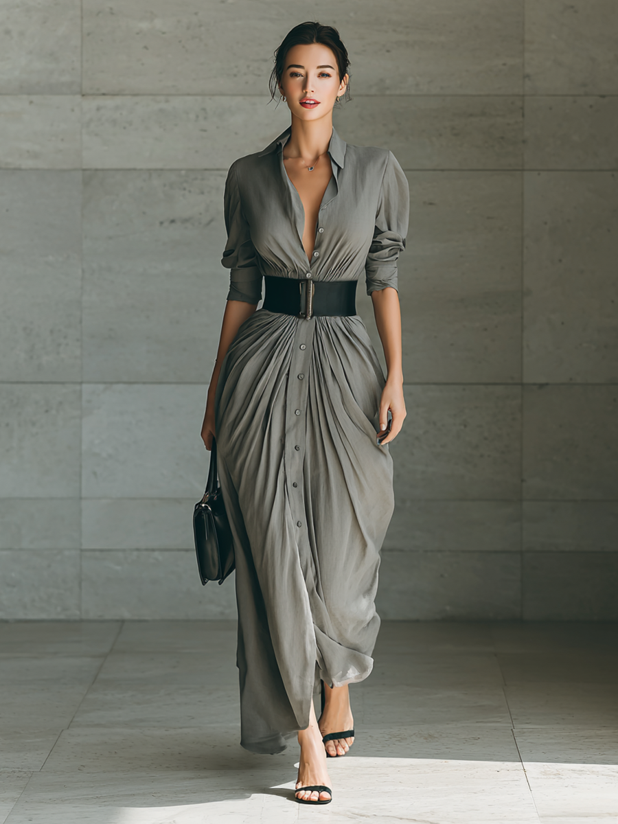 Susan | Long dress with lapel collar and long sleeves