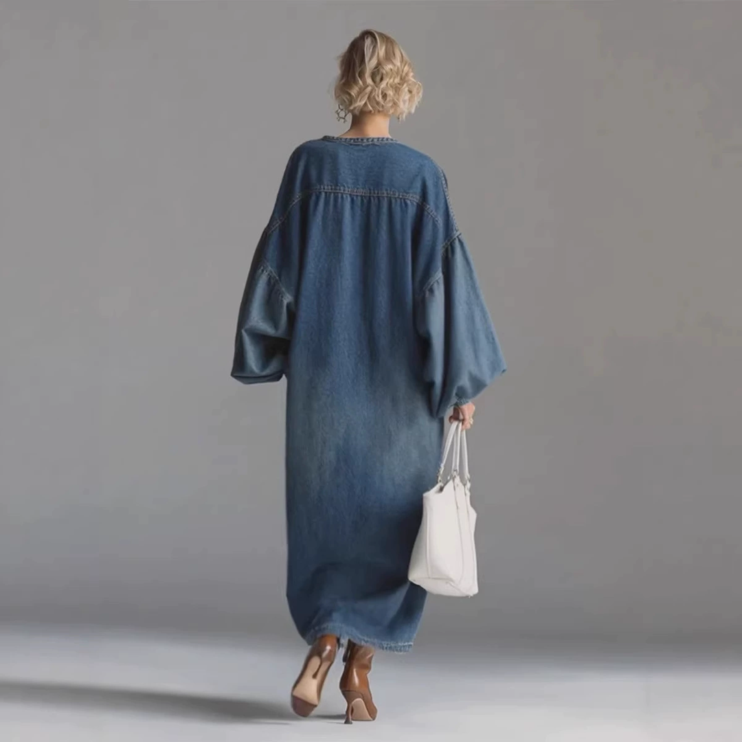 Elegant Urban-style Denim Balloon Sleeve Maxi Dress