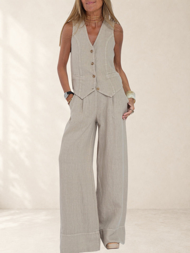 Aira - Buttoned Vest & Wide-Leg Trousers Set