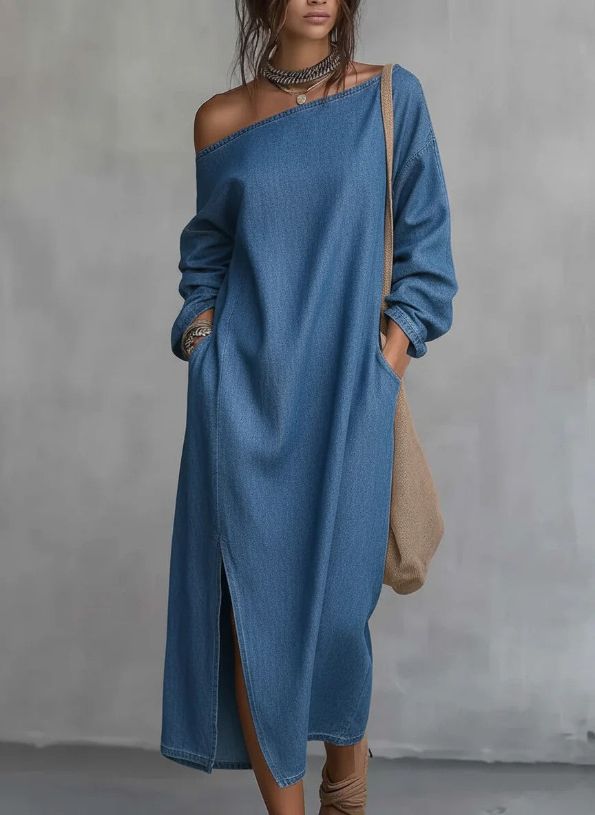 Elegant Urban-style Denim Balloon Sleeve Maxi Dress