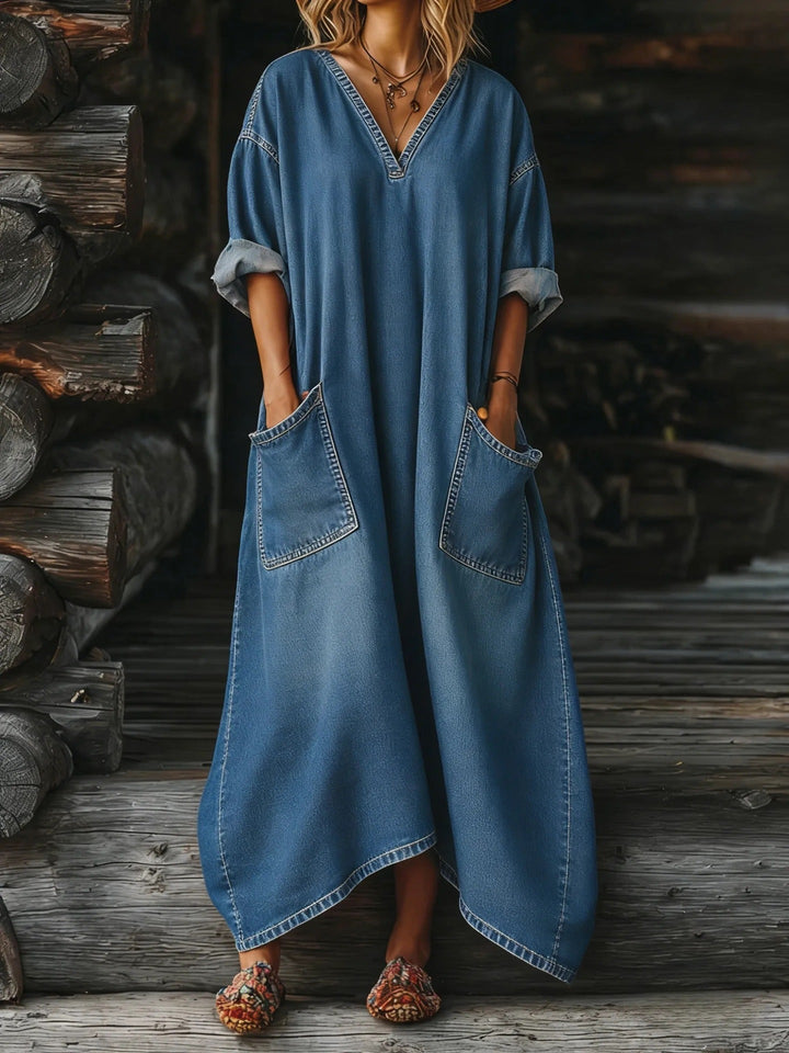 Elegant Urban-style Denim Balloon Sleeve Maxi Dress