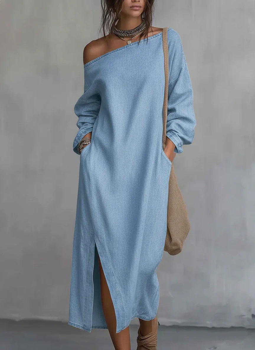 Elegant Urban-style Denim Balloon Sleeve Maxi Dress