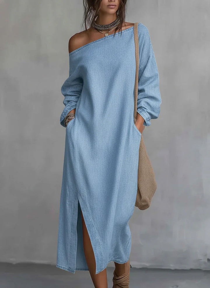 Elegant Urban-style Denim Balloon Sleeve Maxi Dress