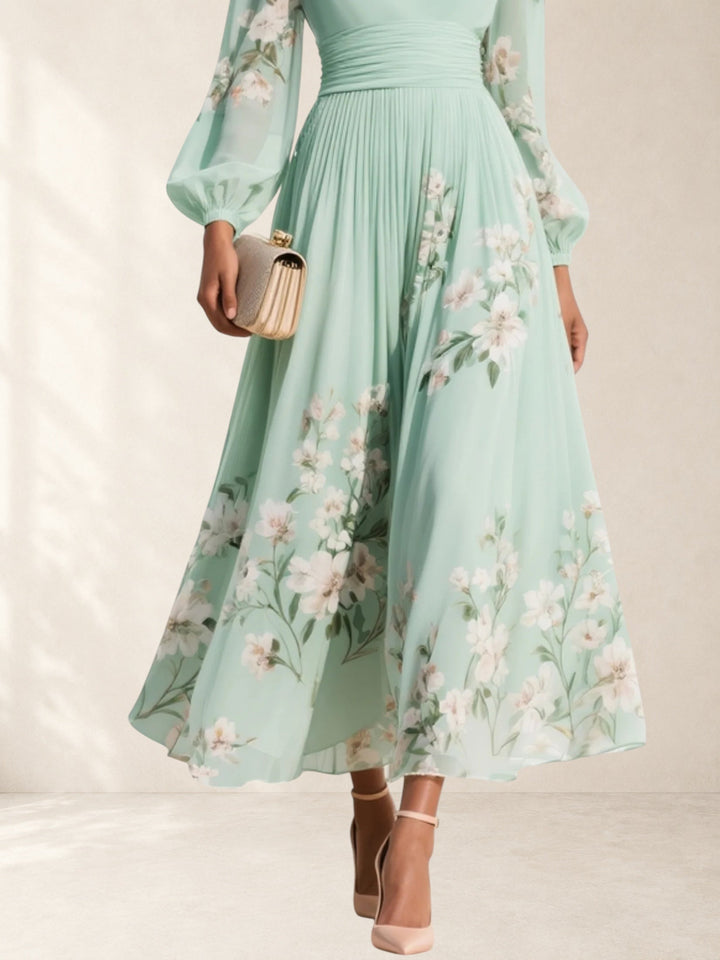 Mathilda | Light Green V-Neck Chiffon Pleated Floral Midi Dress