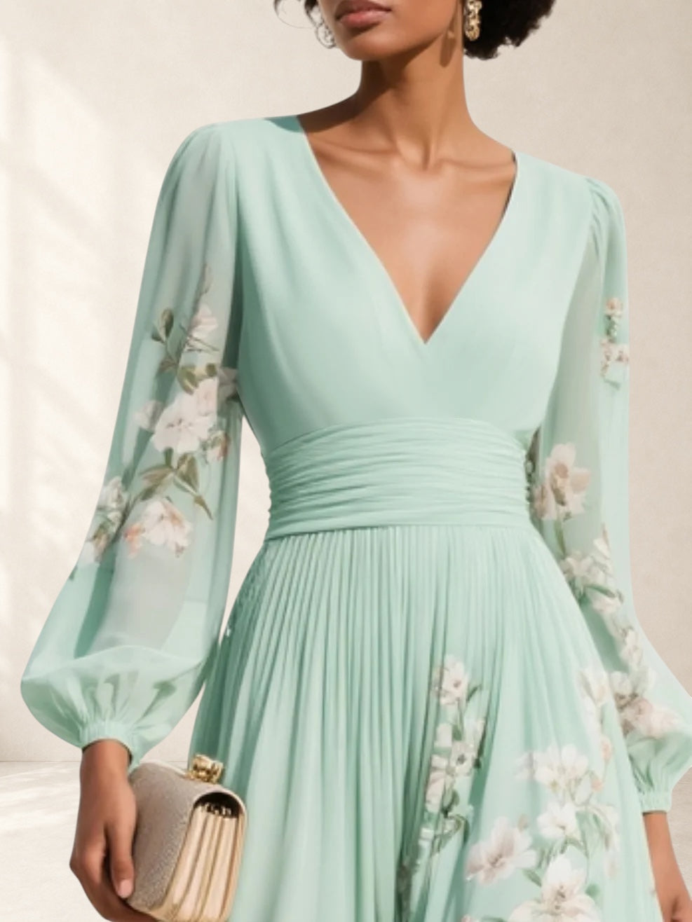 Mathilda | Light Green V-Neck Chiffon Pleated Floral Midi Dress