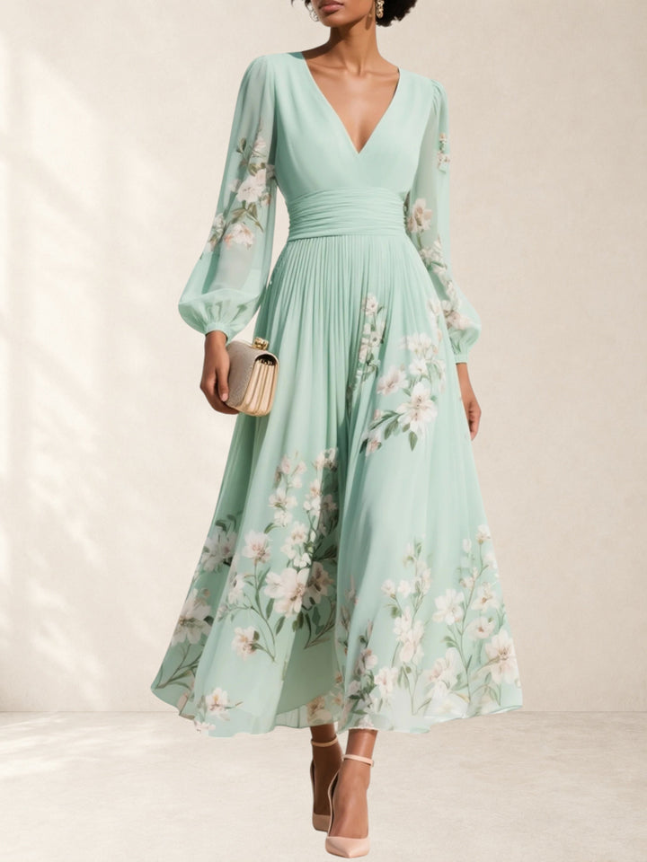 Mathilda | Light Green V-Neck Chiffon Pleated Floral Midi Dress