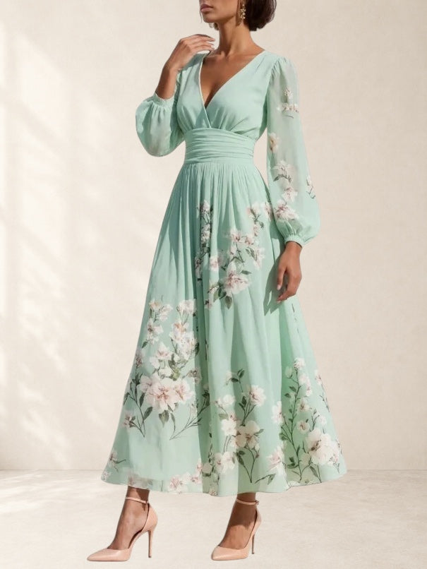 Mathilda | Light Green V-Neck Chiffon Pleated Floral Midi Dress