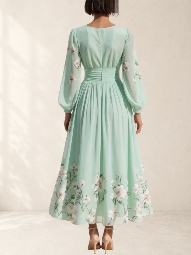 Mathilda | Light Green V-Neck Chiffon Pleated Floral Midi Dress