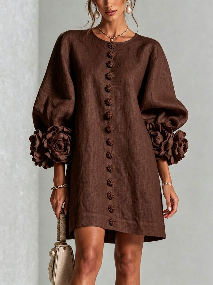 Brune | Short Linen Blend Dress with Puff Sleeves