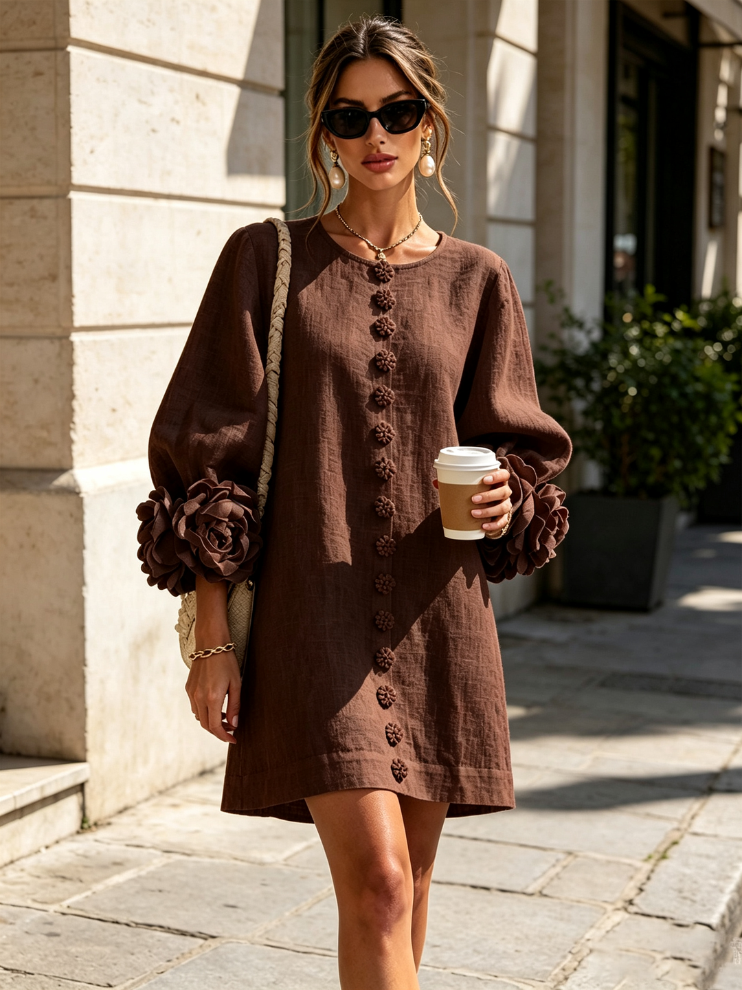 Brune | Short Linen Blend Dress with Puff Sleeves