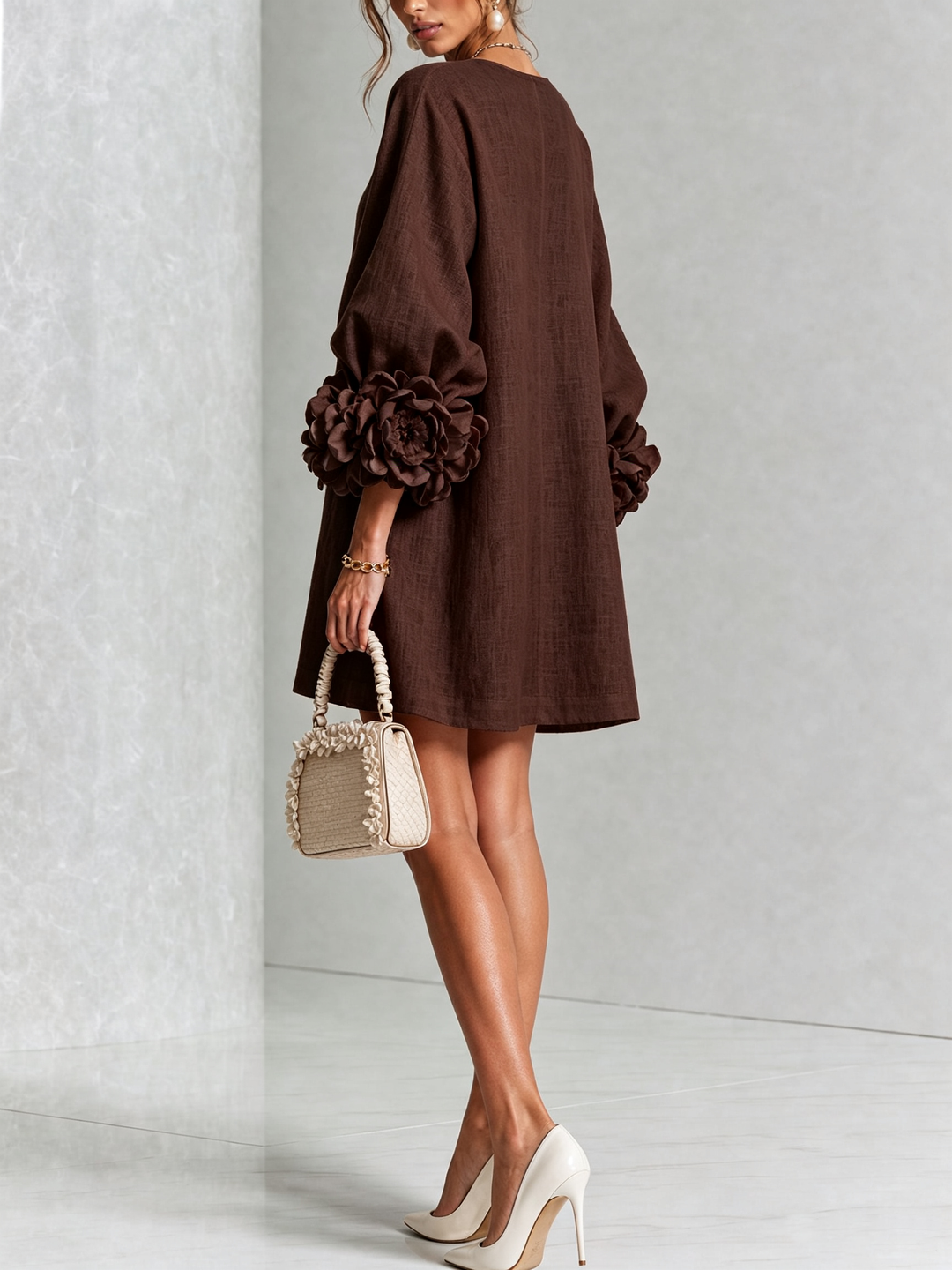 Brune | Short Linen Blend Dress with Puff Sleeves