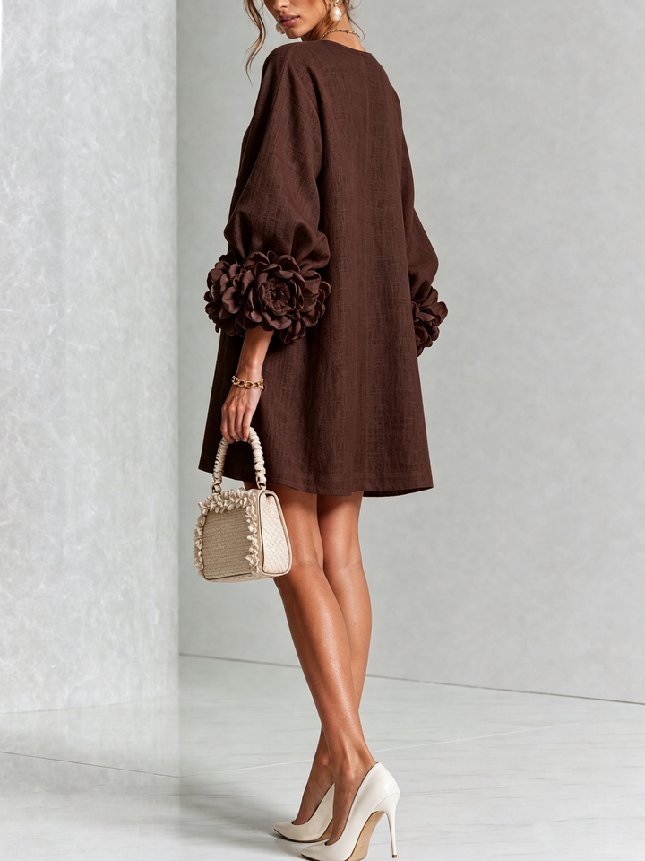Brune | Short Linen Blend Dress with Puff Sleeves