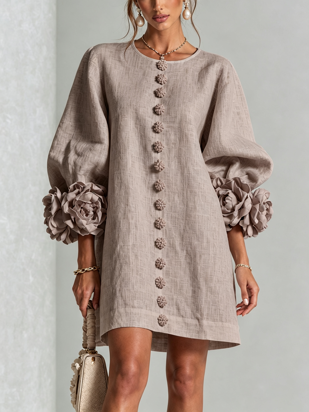 Brune | Short Linen Blend Dress with Puff Sleeves