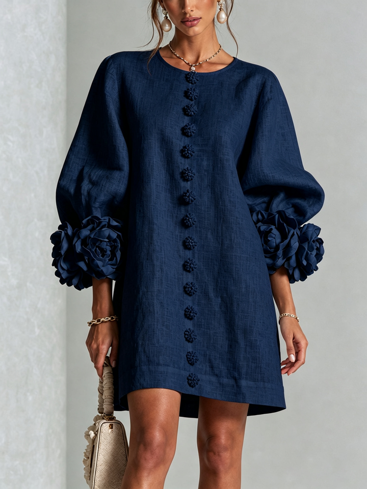 Brune | Short Linen Blend Dress with Puff Sleeves