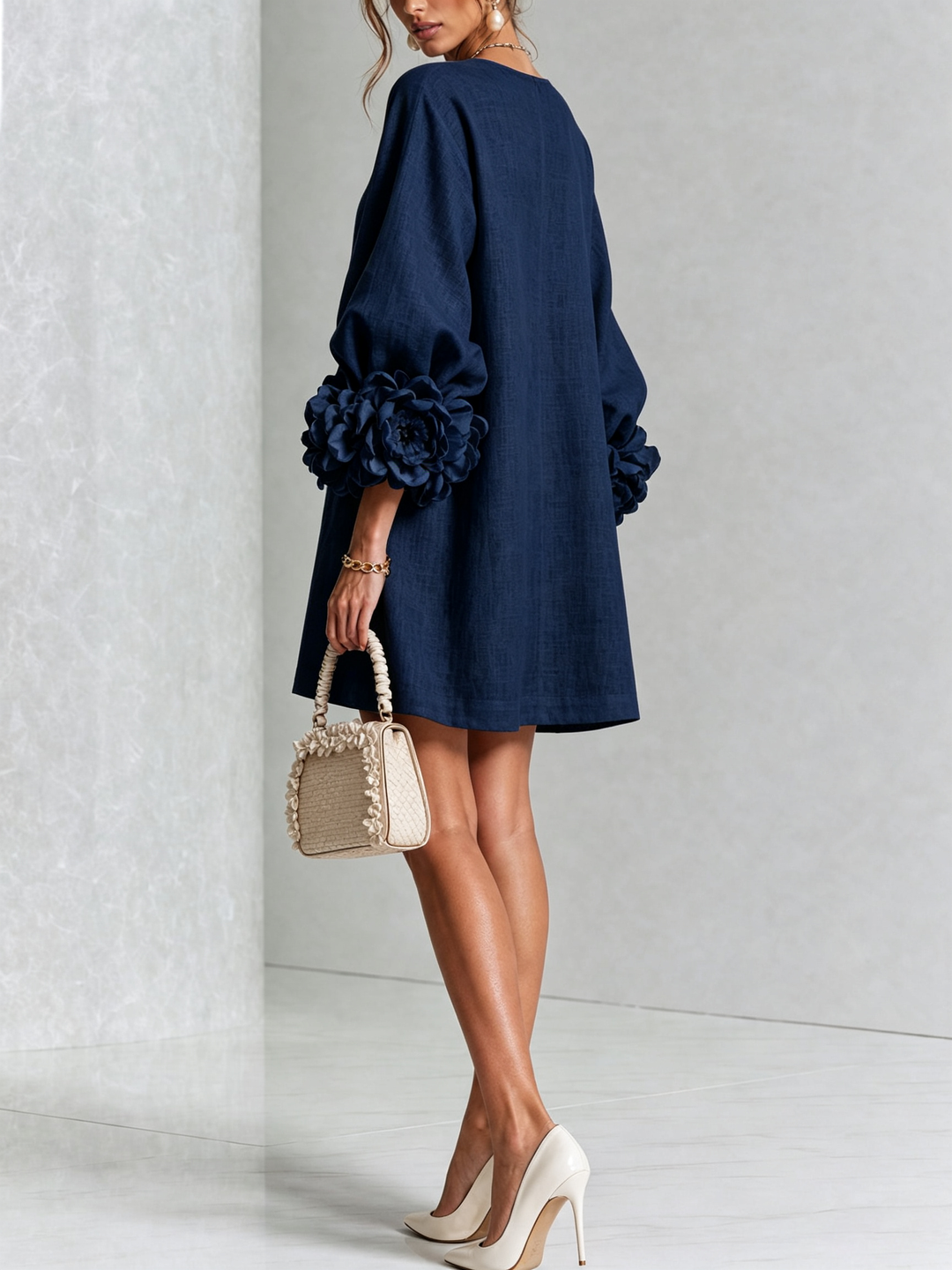 Brune | Short Linen Blend Dress with Puff Sleeves