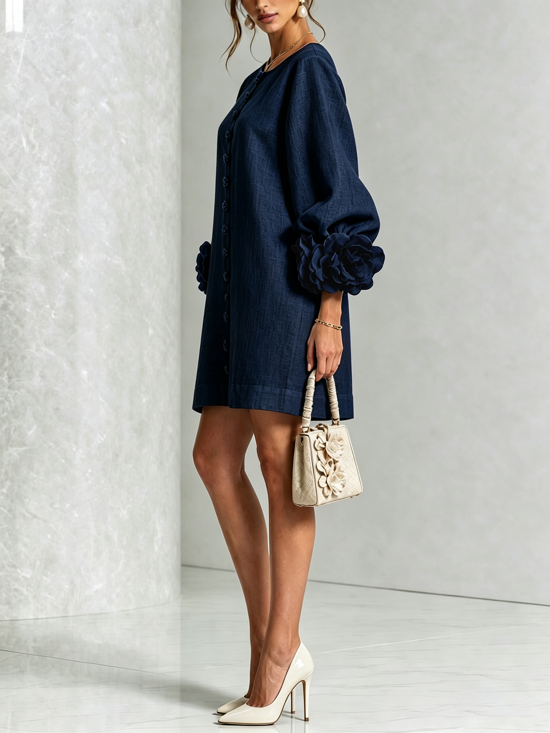 Brune | Short Linen Blend Dress with Puff Sleeves