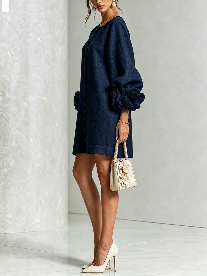 Brune | Short Linen Blend Dress with Puff Sleeves