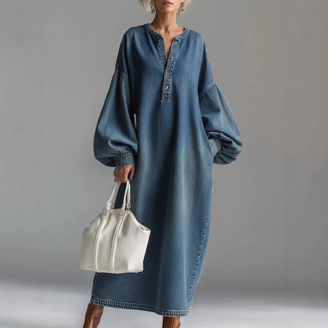 Elegant Urban-style Denim Balloon Sleeve Maxi Dress