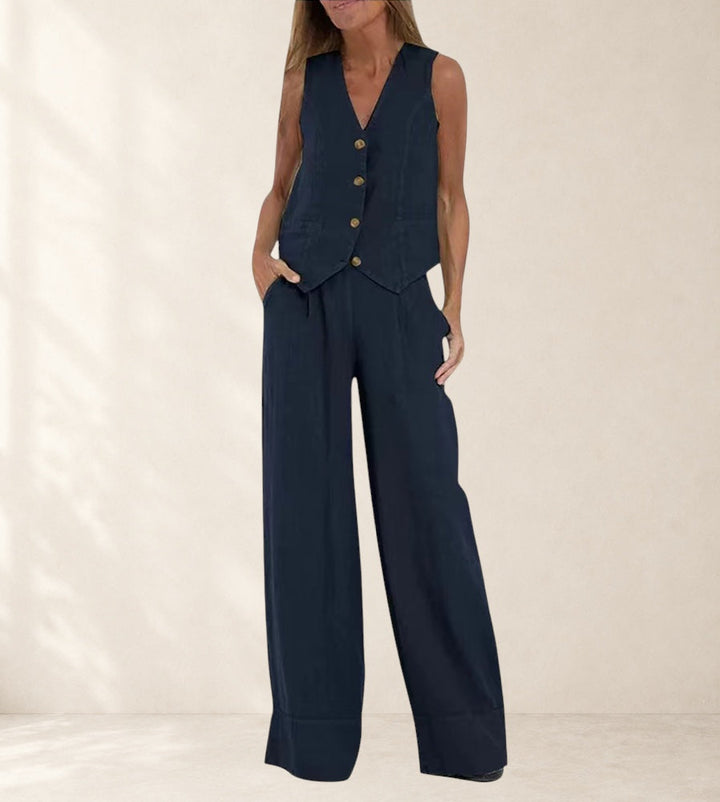 Aira - Buttoned Vest & Wide-Leg Trousers Set