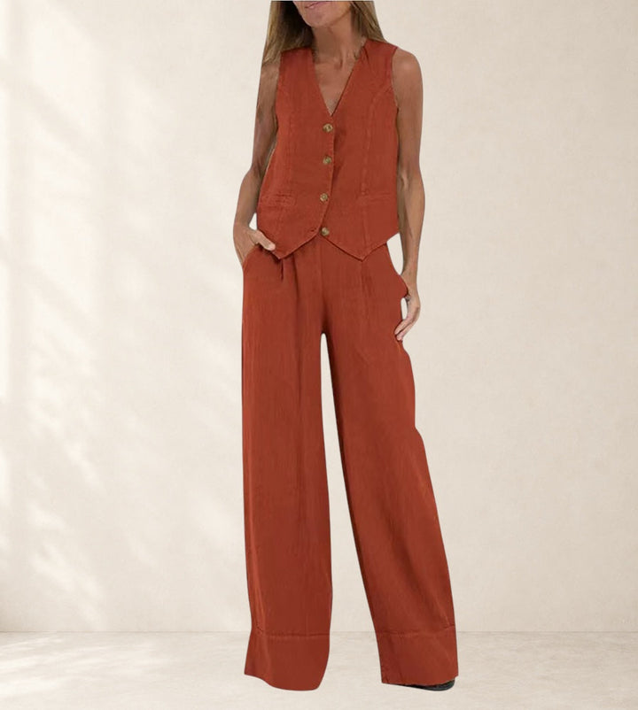 Aira - Buttoned Vest & Wide-Leg Trousers Set