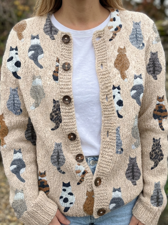 Clementine | Kitten Print Handmade Knit Cardigan