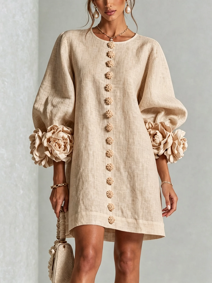 Brune | Short Linen Blend Dress with Puff Sleeves