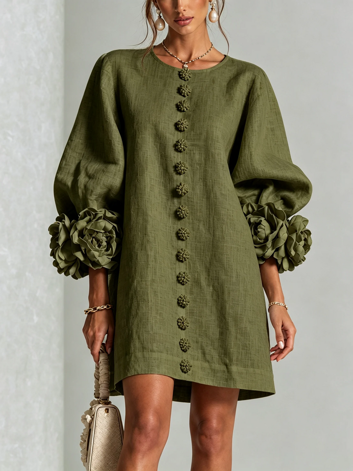 Brune | Short Linen Blend Dress with Puff Sleeves