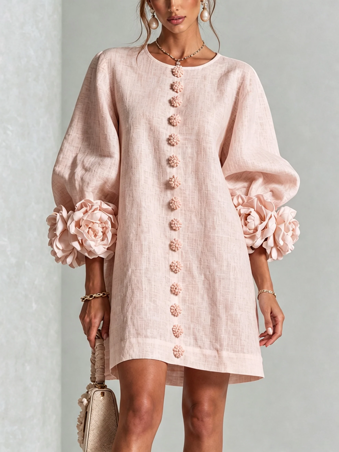 Brune | Short Linen Blend Dress with Puff Sleeves