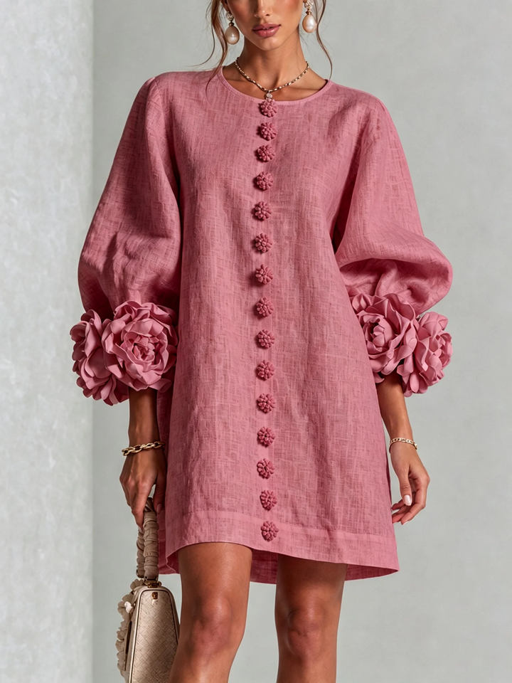 Brune | Short Linen Blend Dress with Puff Sleeves