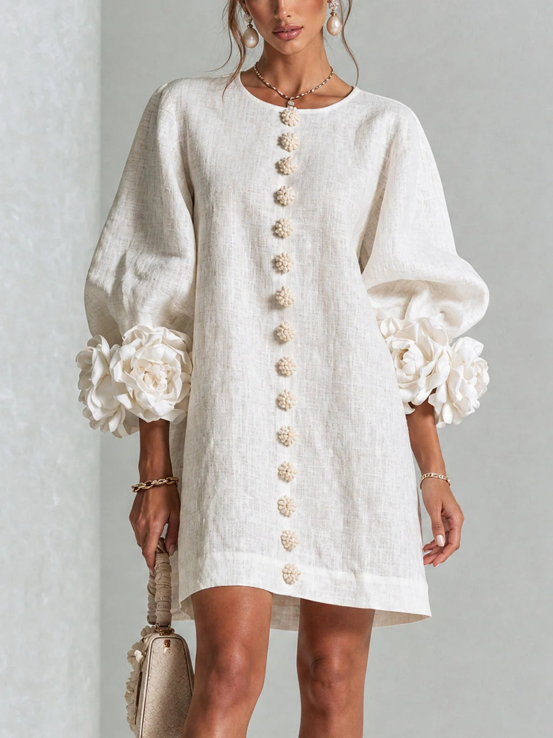 Brune | Short Linen Blend Dress with Puff Sleeves