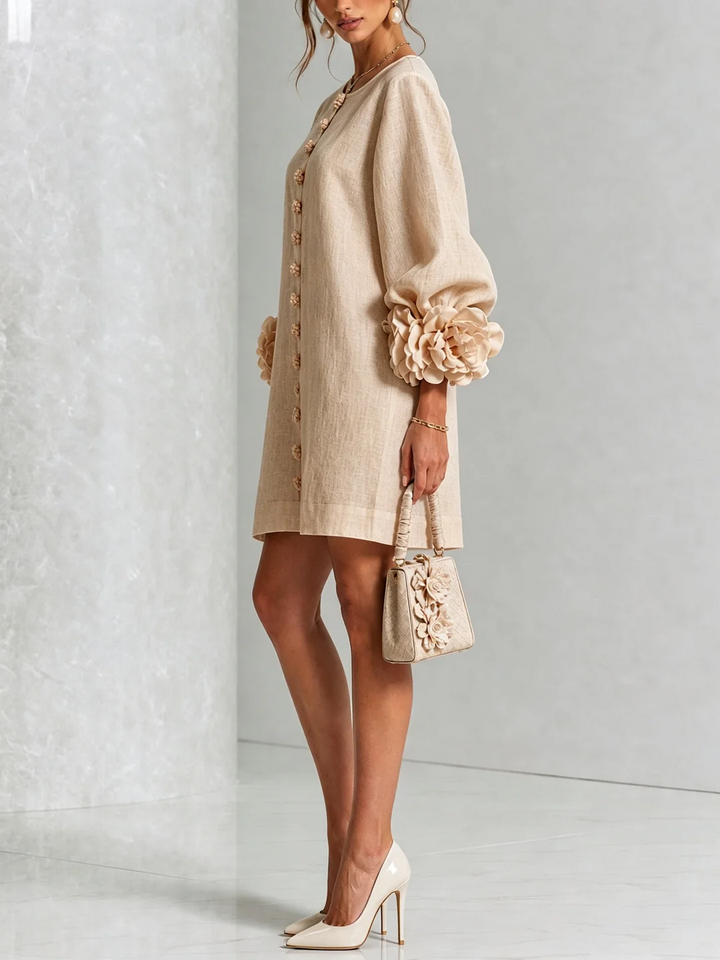 Brune | Short Linen Blend Dress with Puff Sleeves