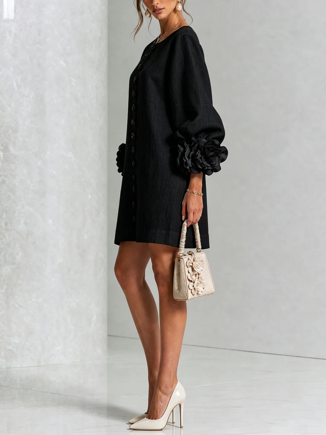 Brune | Short Linen Blend Dress with Puff Sleeves