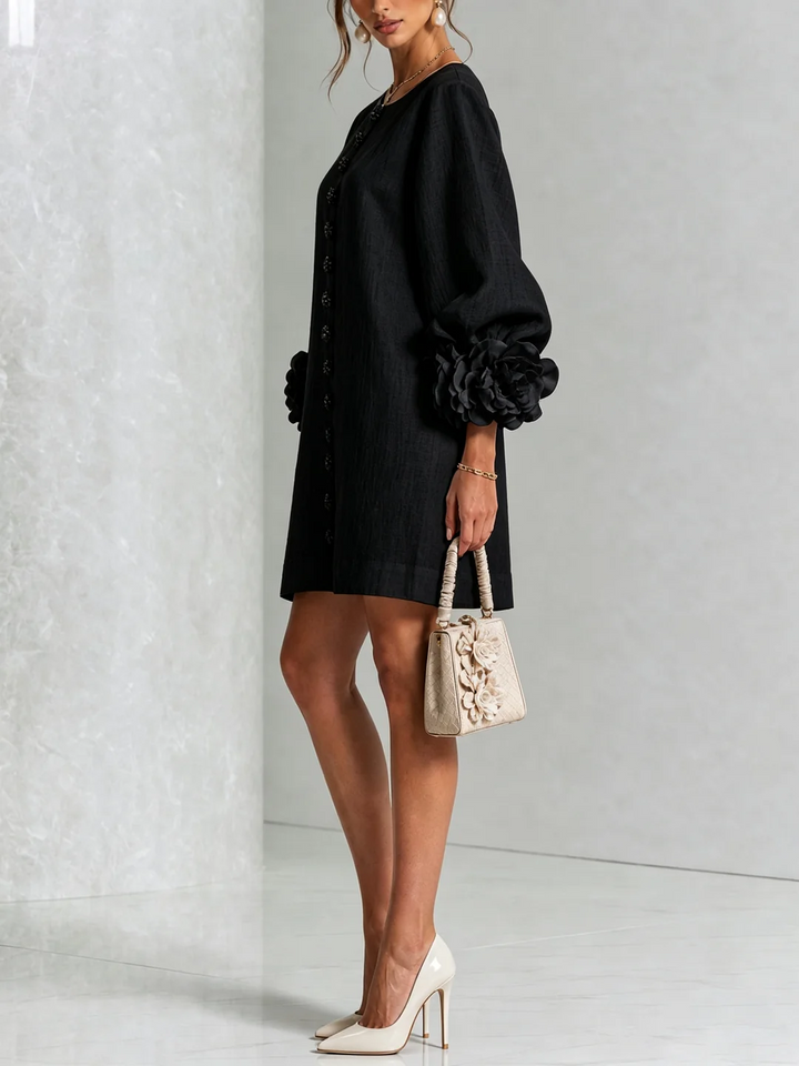 Brune | Short Linen Blend Dress with Puff Sleeves